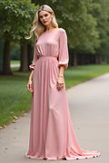 A Line Scoop Neck Half Sleeves Backless Sweep/Brush Train Mother of the Bride Dress