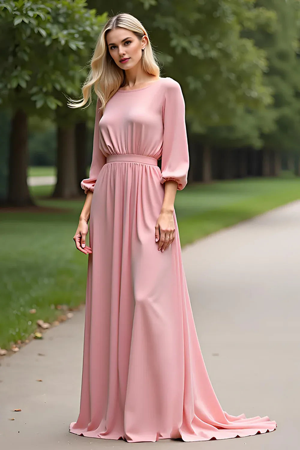 A Line Scoop Neck Half Sleeves Backless Sweep/Brush Train Mother of the Bride Dress