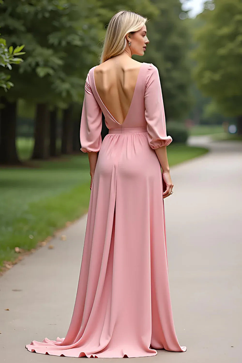 A Line Scoop Neck Half Sleeves Backless Sweep/Brush Train Mother of the Bride Dress