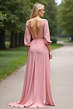A Line Scoop Neck Half Sleeves Backless Sweep/Brush Train Mother of the Bride Dress