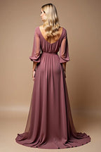 A Line Scoop Neck Long Sleeves Backless Sweep/Brush Train Mother of the Bride Dress