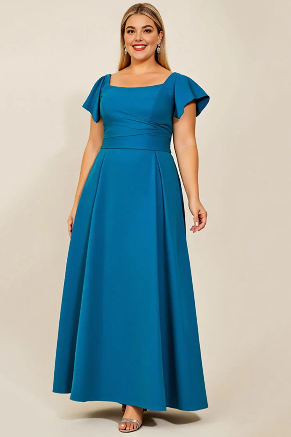 A Line Square Neck Flutter Sleeve Backless Floor-Length Plus Size Mother of the Bride Dress