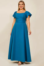 A Line Square Neck Flutter Sleeve Backless Floor-Length Plus Size Mother of the Bride Dress