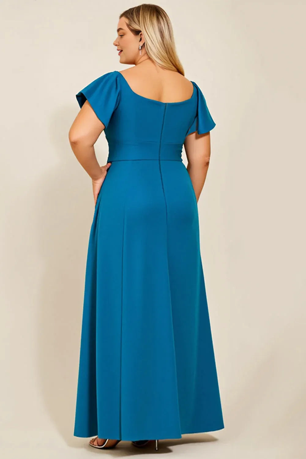 A Line Square Neck Flutter Sleeve Backless Floor-Length Plus Size Mother of the Bride Dress