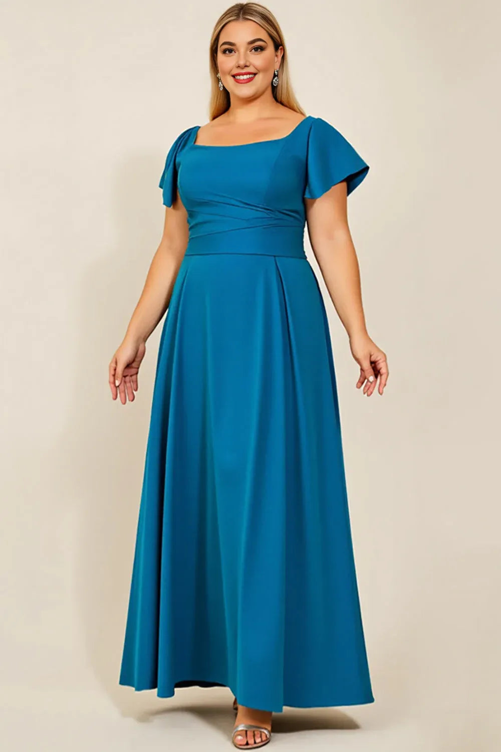 A Line Square Neck Flutter Sleeve Backless Floor-Length Plus Size Mother of the Bride Dress