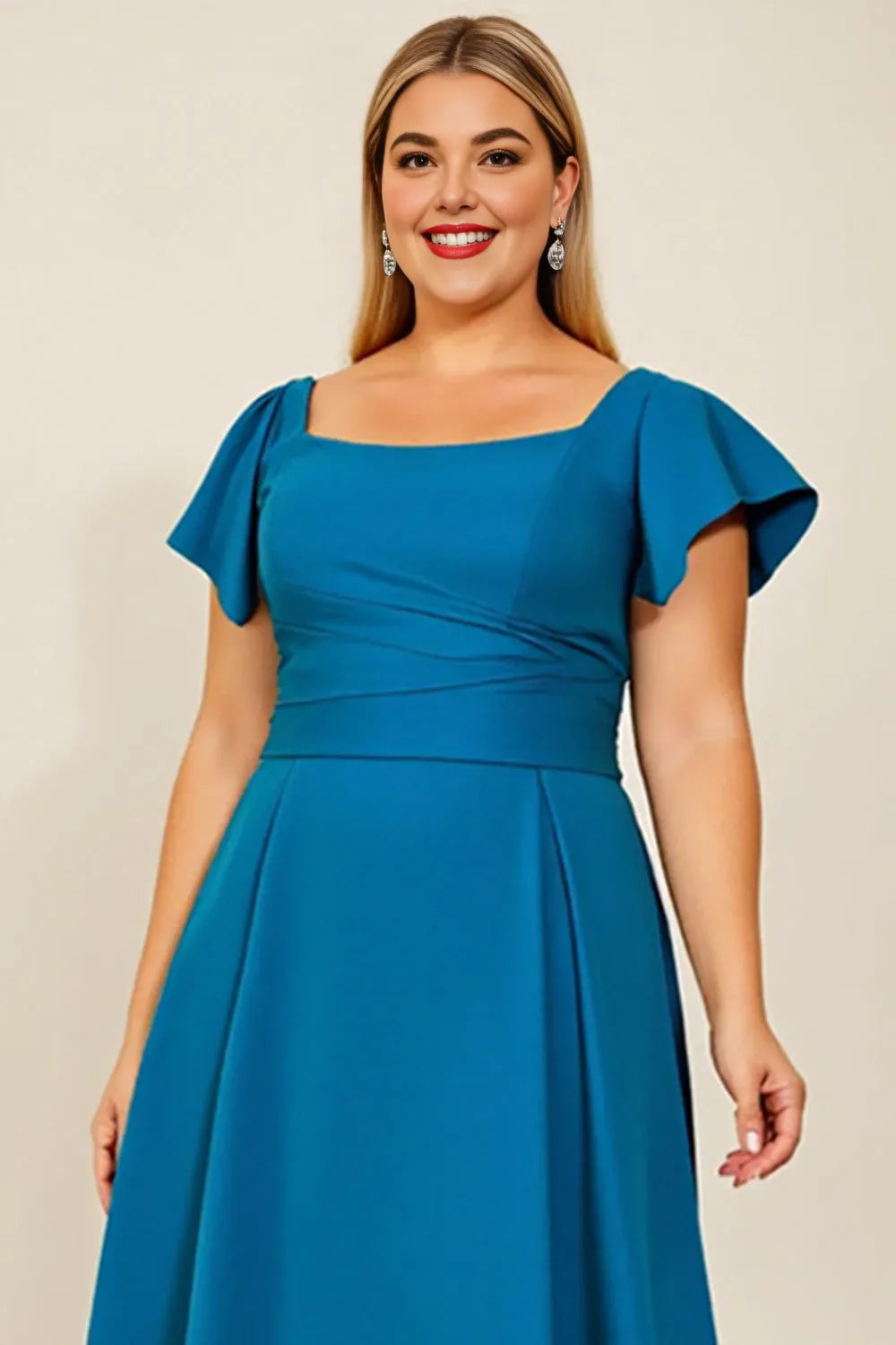 A Line Square Neck Flutter Sleeve Backless Floor-Length Plus Size Mother of the Bride Dress
