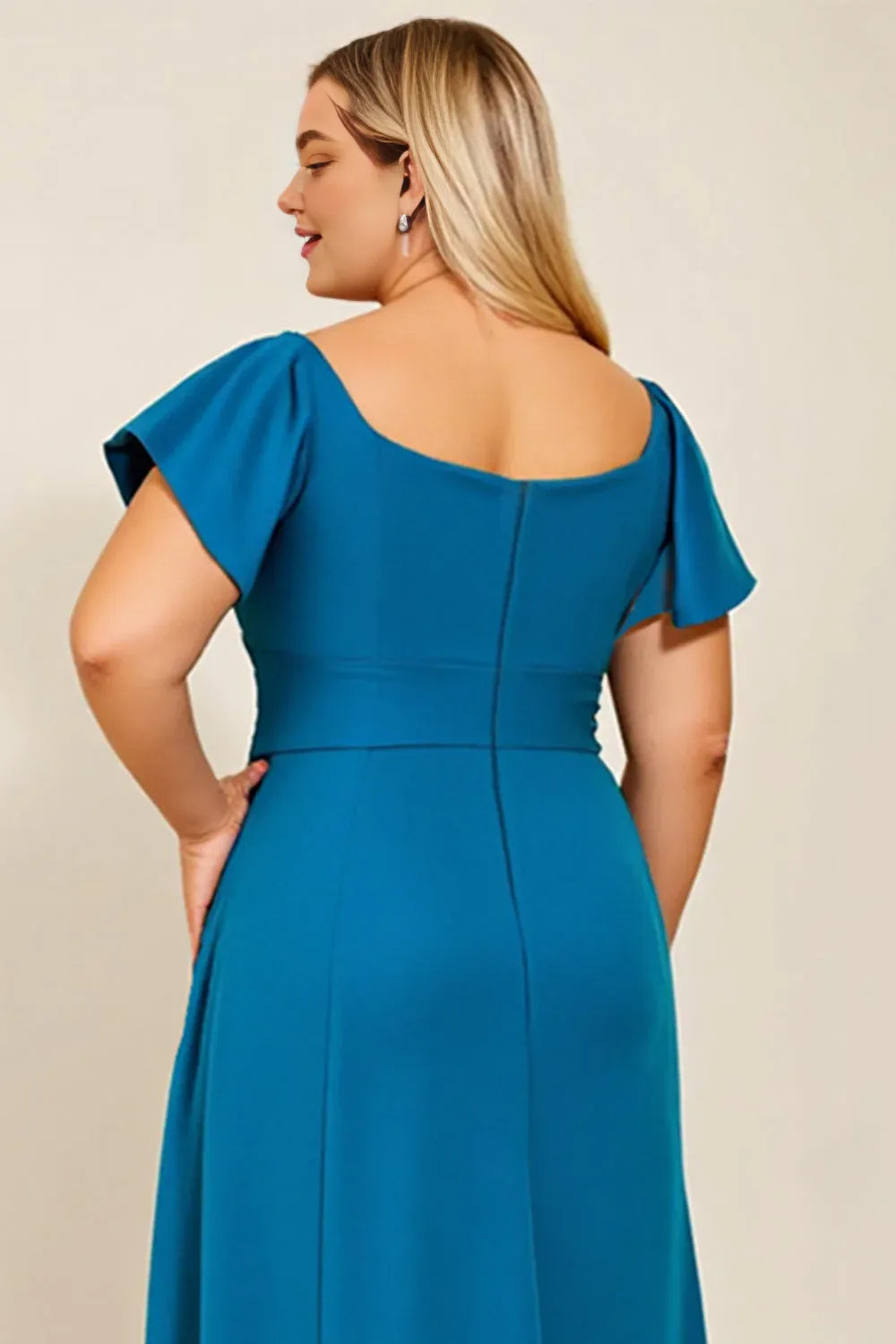 A Line Square Neck Flutter Sleeve Backless Floor-Length Plus Size Mother of the Bride Dress
