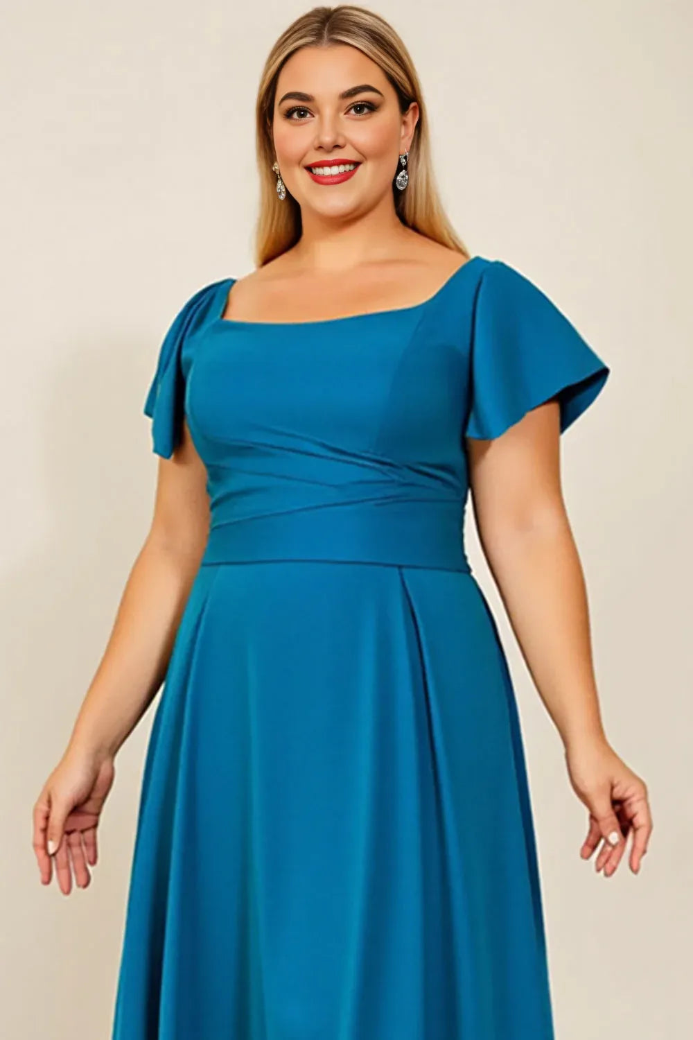 A Line Square Neck Flutter Sleeve Backless Floor-Length Plus Size Mother of the Bride Dress