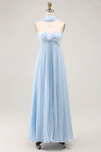 A Line Strapless Sleeveless Pleated Floor-Length Prom Dress