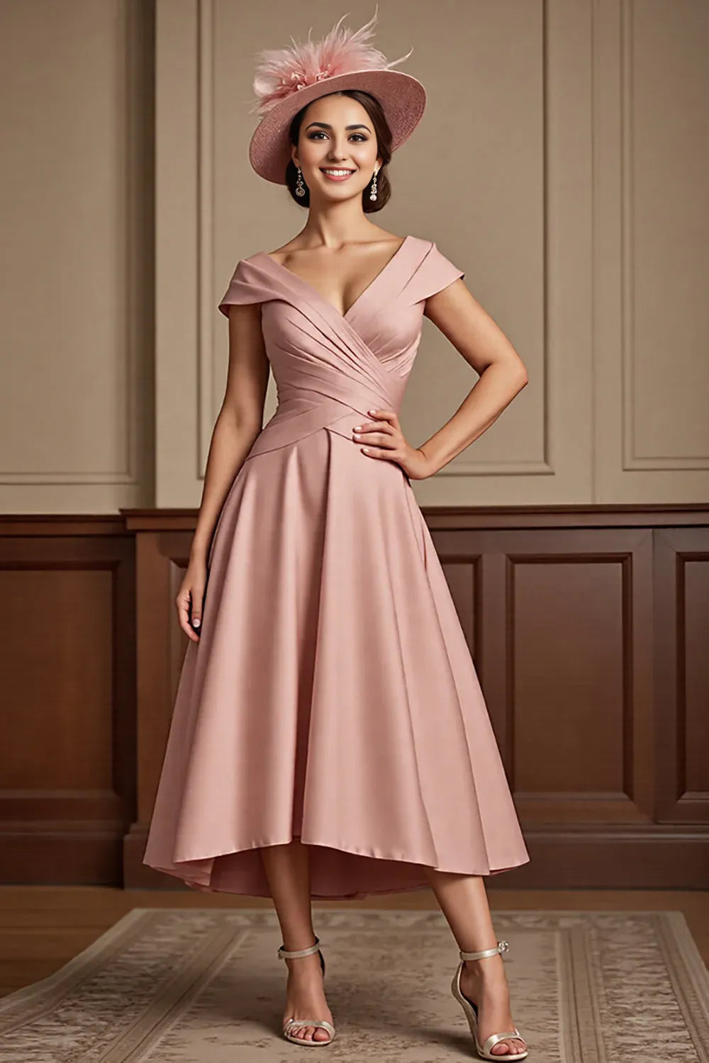 A Line V-Neck Cap Sleeve V Back Tea-Length Mother of the Bride Dress