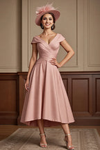 A Line V-Neck Cap Sleeve V Back Tea-Length Mother of the Bride Dress