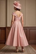 A Line V-Neck Cap Sleeve V Back Tea-Length Mother of the Bride Dress