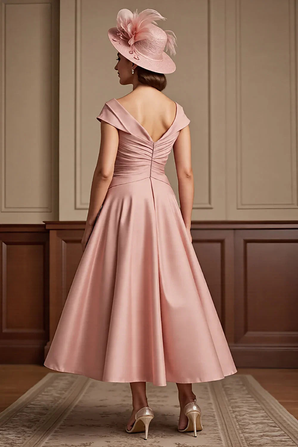 A Line V-Neck Cap Sleeve V Back Tea-Length Mother of the Bride Dress