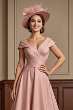 A Line V-Neck Cap Sleeve V Back Tea-Length Mother of the Bride Dress
