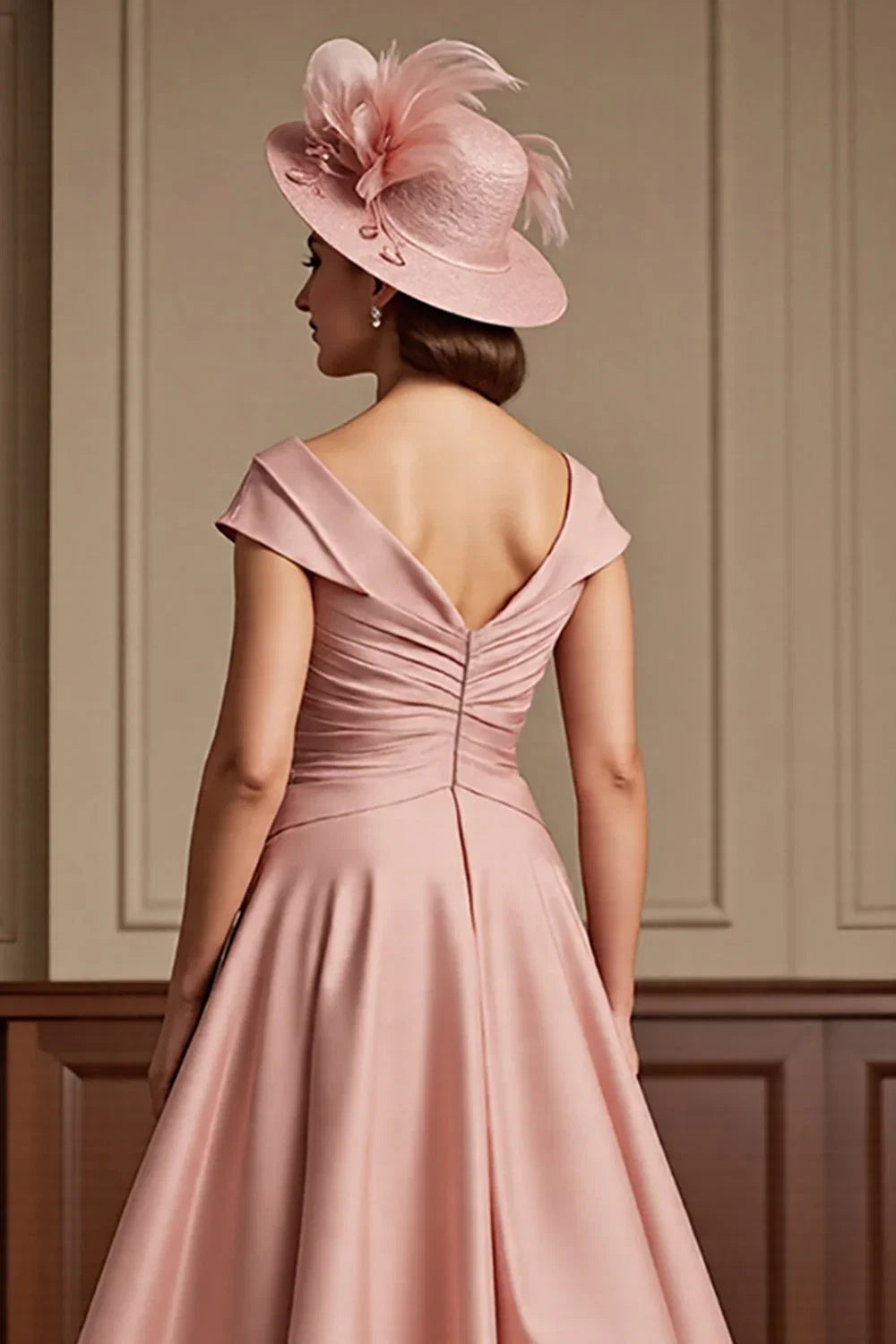 A Line V-Neck Cap Sleeve V Back Tea-Length Mother of the Bride Dress