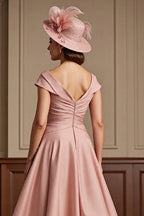 A Line V-Neck Cap Sleeve V Back Tea-Length Mother of the Bride Dress