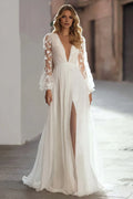 A Line V-Neck Long Sleeve Pleated Up Sweep Train Wedding Dress