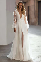 A Line V-Neck Long Sleeve Pleated Up Sweep Train Wedding Dress