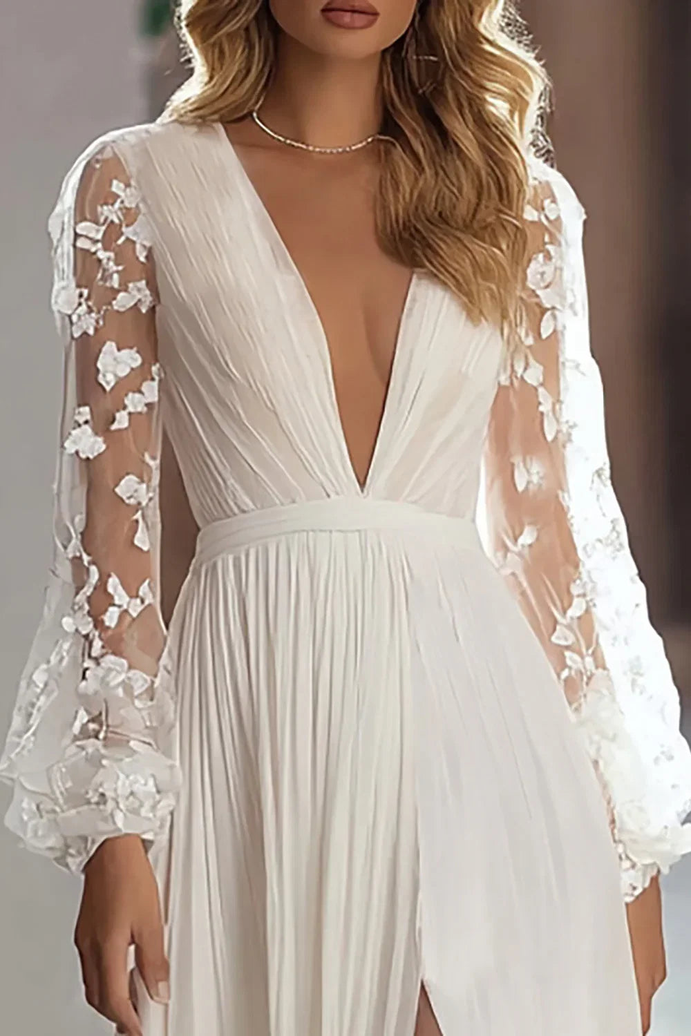 A Line V-Neck Long Sleeve Pleated Up Sweep Train Wedding Dress