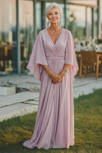 A Line V Neck Long Sleeve Ruched Floor-Length Mother of the Bride Dress