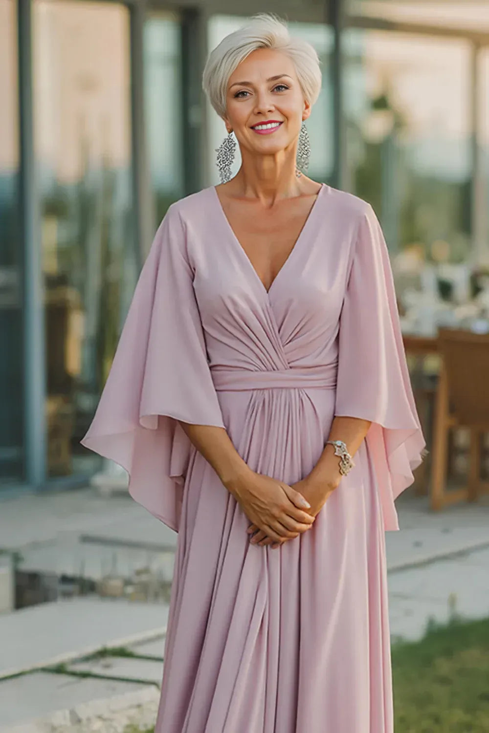 A Line V Neck Long Sleeve Ruched Floor-Length Mother of the Bride Dress