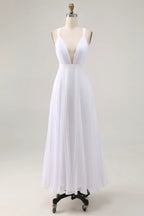 A Line V Neck Sleeveless Pleats Ankle-Length Wedding Dress