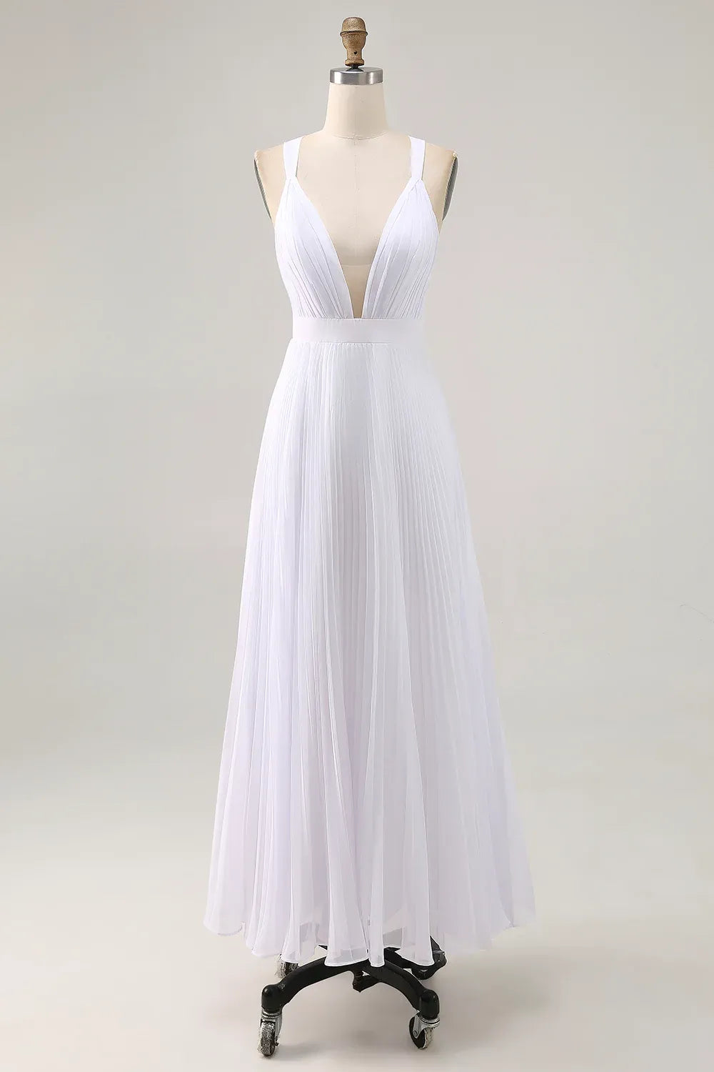 A Line V Neck Sleeveless Pleats Ankle-Length Wedding Dress