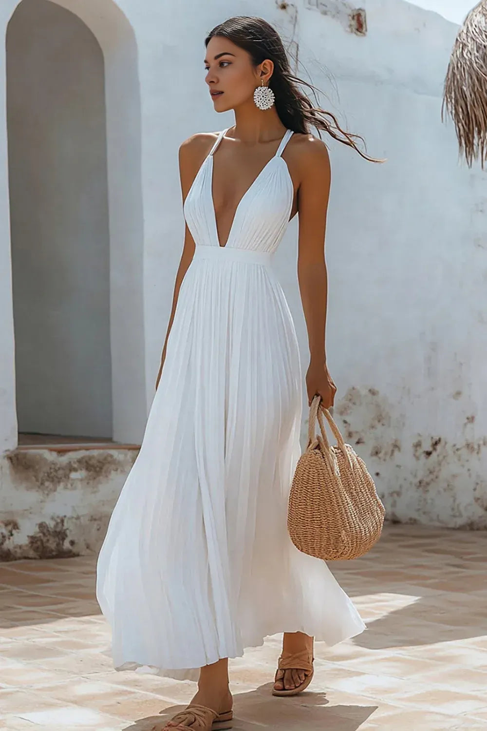 A Line V Neck Sleeveless Pleats Ankle-Length Wedding Dress
