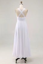 A Line V Neck Sleeveless Pleats Ankle-Length Wedding Dress