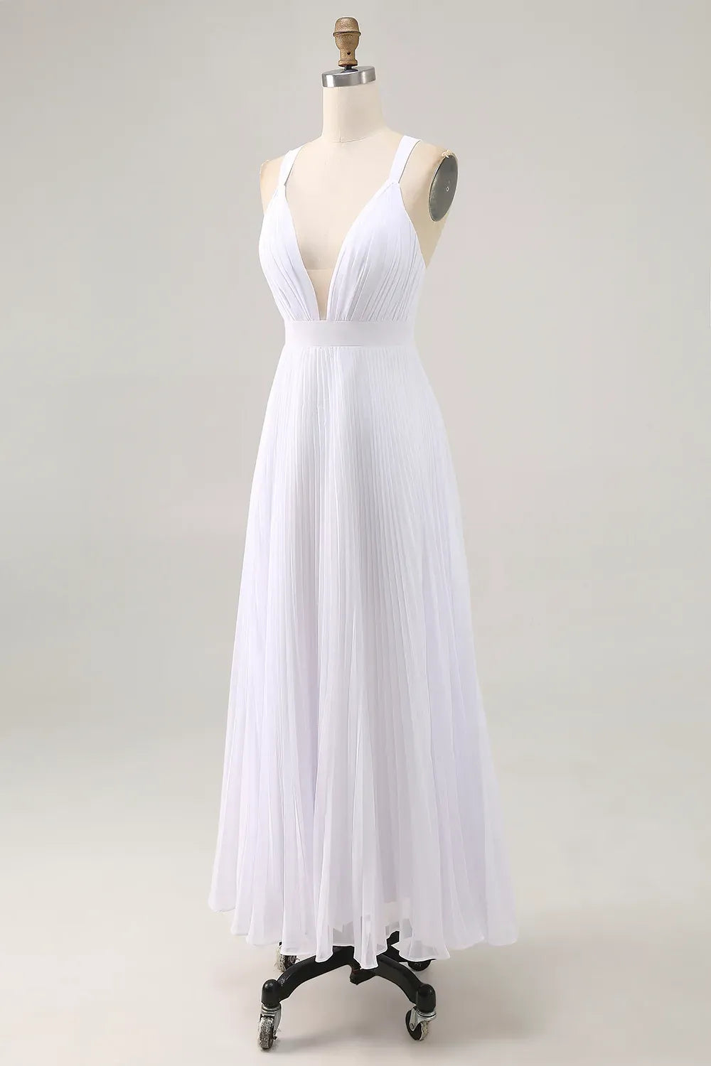 A Line V Neck Sleeveless Pleats Ankle-Length Wedding Dress