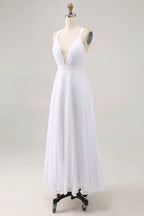 A Line V Neck Sleeveless Pleats Ankle-Length Wedding Dress