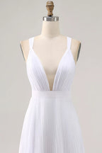 A Line V Neck Sleeveless Pleats Ankle-Length Wedding Dress