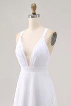 A Line V Neck Sleeveless Pleats Ankle-Length Wedding Dress