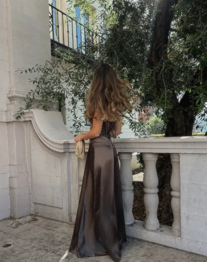 Simple Brown Spaghetti Straps A Line Prom Dress Party Dress