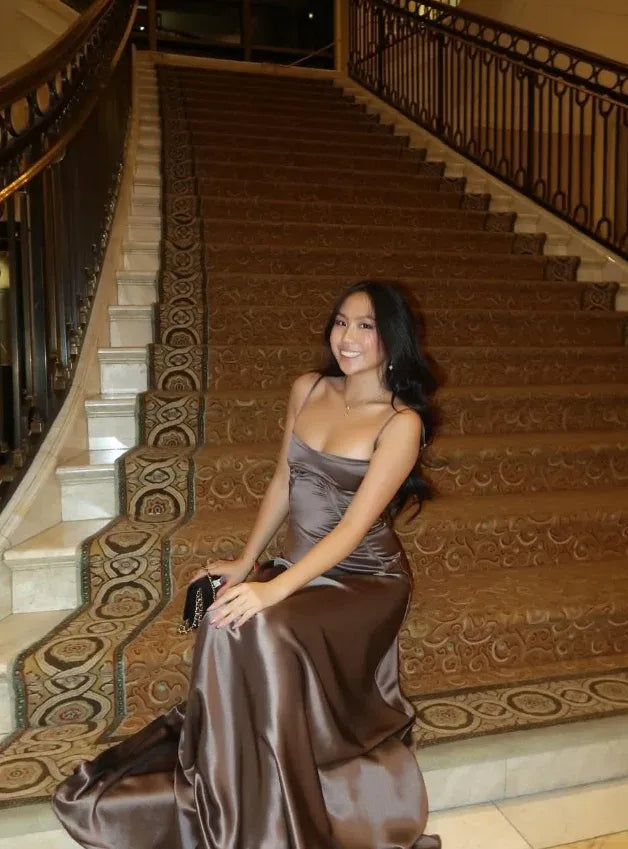 Simple Brown Spaghetti Straps A Line Prom Dress Party Dress
