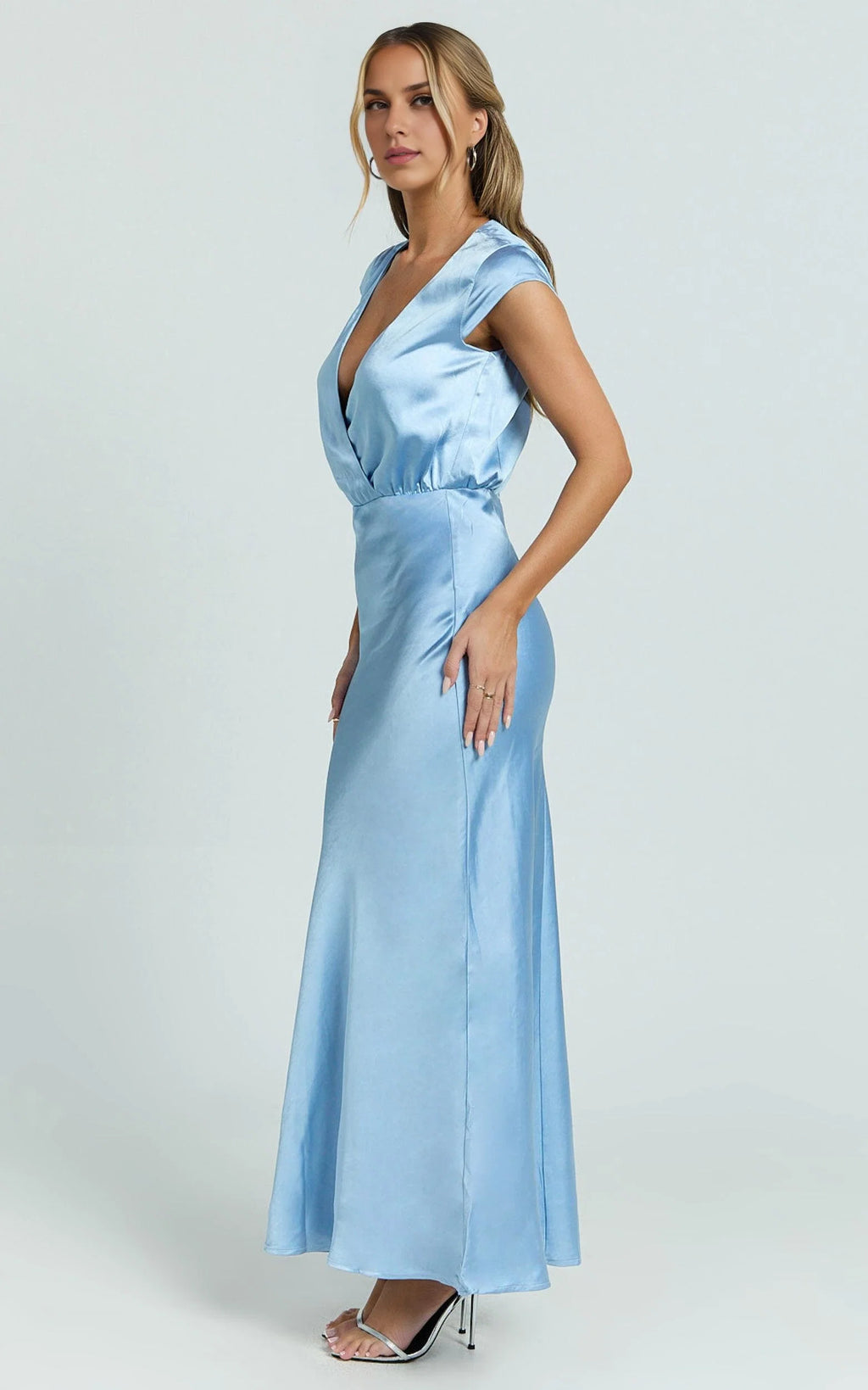 Blue Dress Simple Cap Sleeve V Neck Maxi Dress Full Coverage Back Mermaid Evening Dress