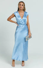 Blue Dress Simple Cap Sleeve V Neck Maxi Dress Full Coverage Back Mermaid Evening Dress