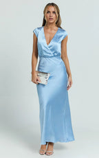 Blue Dress Simple Cap Sleeve V Neck Maxi Dress Full Coverage Back Mermaid Evening Dress