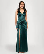 Column V Neck Sleeveless Ruffles Floor-Length Prom Dress