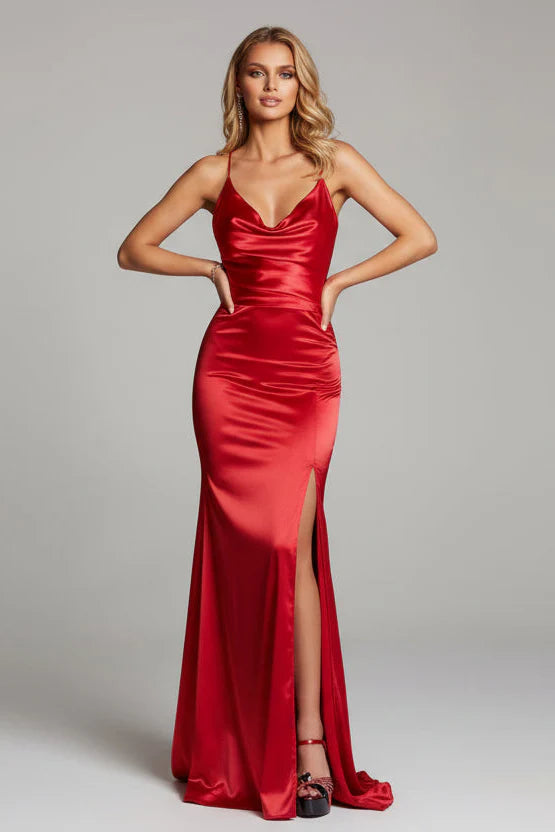 Mermaid Prom Dress Satin Red With Cowl Neck And Slit Floor Length Flattering Fit For Prom Queens
