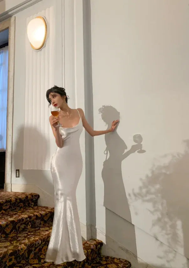 Mermaid Satin Prom Dress With Cowl Neck Spaghetti Straps For Prom Night Shoppers White