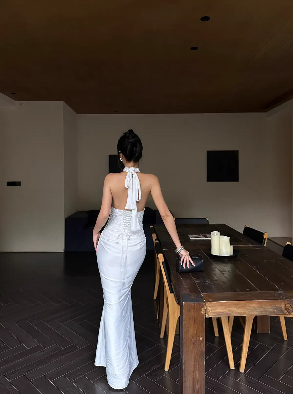 Simple Elegant Mermaid Halter Ruched Backless Satin White Long Prom Dress