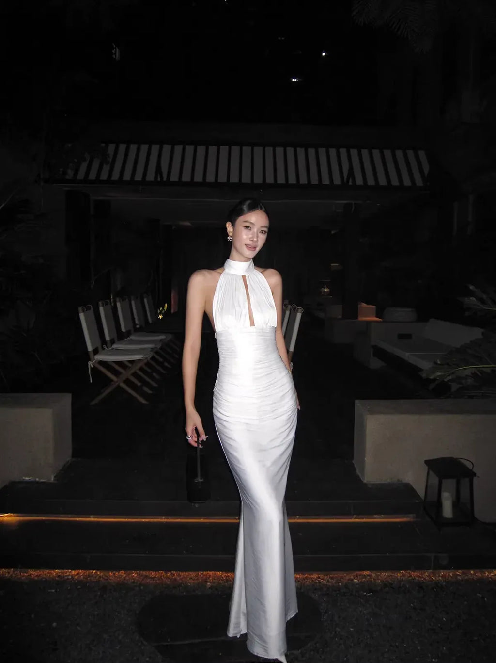Simple Elegant Mermaid Halter Ruched Backless Satin White Long Prom Dress