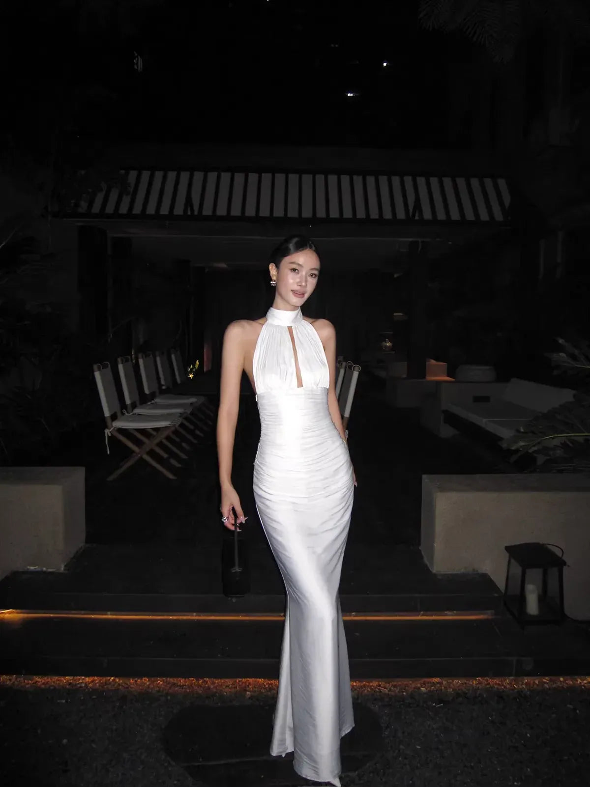 Simple Elegant Mermaid Halter Ruched Backless Satin White Long Prom Dress