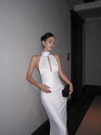Simple Elegant Mermaid Halter Ruched Backless Satin White Long Prom Dress