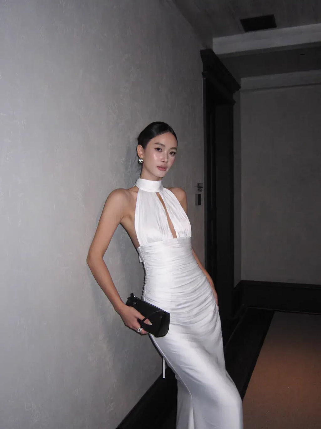 Simple Elegant Mermaid Halter Ruched Backless Satin White Long Prom Dress