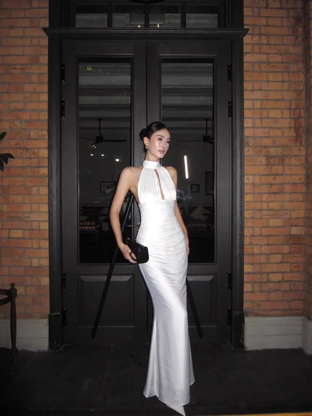 Simple Elegant Mermaid Halter Ruched Backless Satin White Long Prom Dress