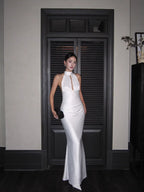 Simple Elegant Mermaid Halter Ruched Backless Satin White Long Prom Dress