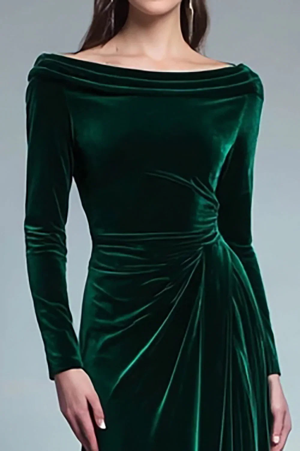 Fitted Boat-Neck Long Sleeve Sweep/Brush Train Evening Dress