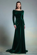 Fitted Boat-Neck Long Sleeve Sweep/Brush Train Evening Dress